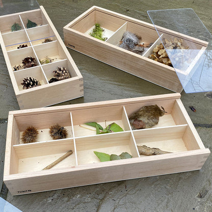 TickiT® Wooden Discovery Boxes, TickiT® Wooden Discovery Boxes,Natural play resources, Natural play ideas, wooden tinker tray,tinker tray play ideas, TickiT® Wooden Discovery Boxes,The TickiT Wooden Discovery Boxes provide an elegant and practical solution for organising and displaying small treasures. This beautiful set of beechwood boxes includes three trays with varying compartment layouts—one with 3, one with 6, and one with 8 sections. EachThe TickiT Wooden Discovery Boxes provide an elegant and practi