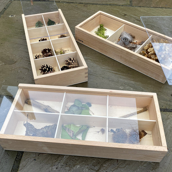 TickiT® Wooden Discovery Boxes, TickiT® Wooden Discovery Boxes,Natural play resources, Natural play ideas, wooden tinker tray,tinker tray play ideas, TickiT® Wooden Discovery Boxes,The TickiT Wooden Discovery Boxes provide an elegant and practical solution for organising and displaying small treasures. This beautiful set of beechwood boxes includes three trays with varying compartment layouts—one with 3, one with 6, and one with 8 sections. EachThe TickiT Wooden Discovery Boxes provide an elegant and practi