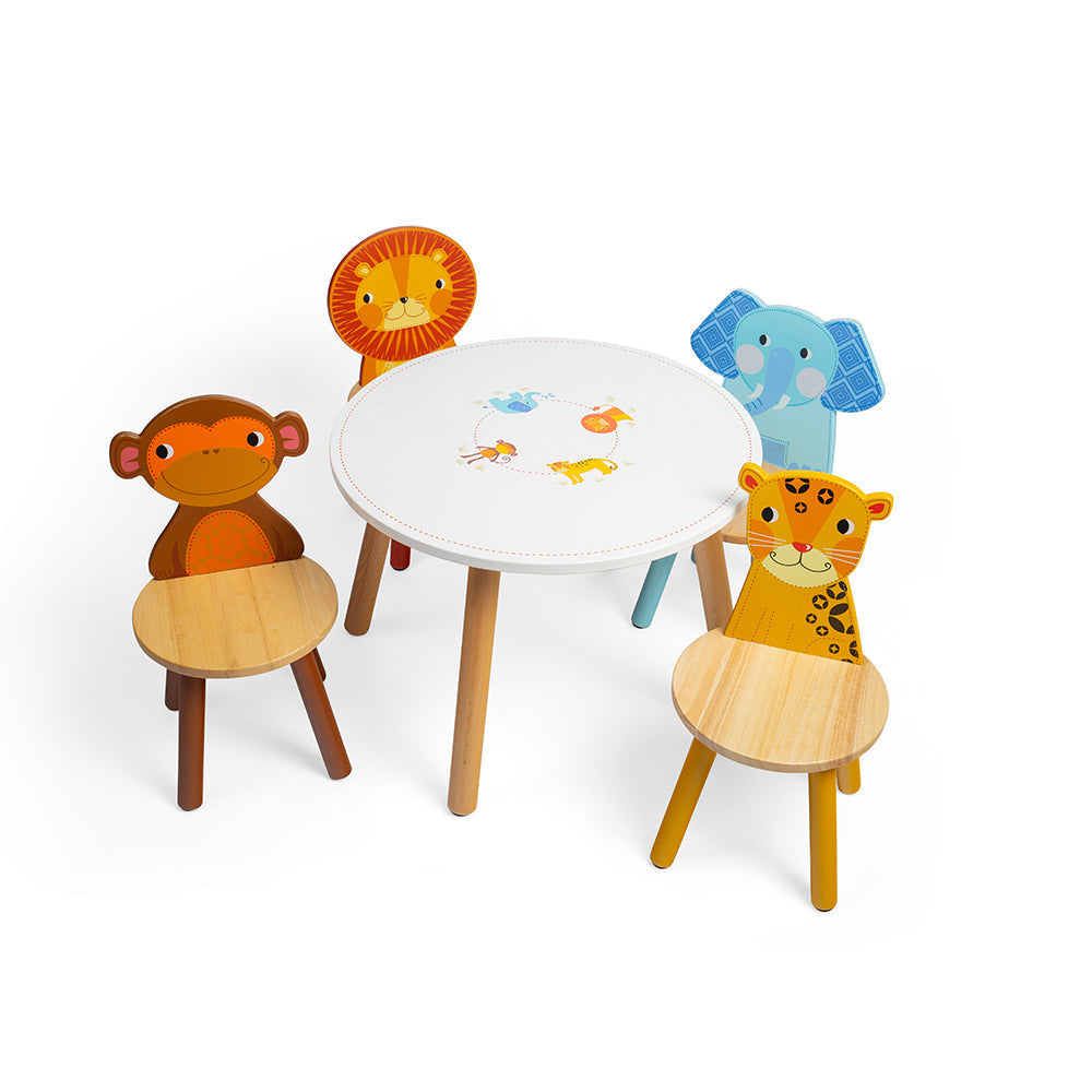 Tidlo Jungle Furniture Pack, Tidlo Jungle Furniture Pack, Children's wooden chairs, Children's wooden table, Tidlo wooden table and chairs, Tidlo Jungle Furniture Pack,Transform the playroom, nursery or bedroom with our exclusive Tidlo Jungle Furniture Pack. Features a jungle-themed kids wooden table plus elephant, leopard, lion, and monkey chairs. Perfect as a play table or dining table. Indoor use only. Made from high-quality, responsibly sourced materials, each piece in this kidsTransform the playroom, n