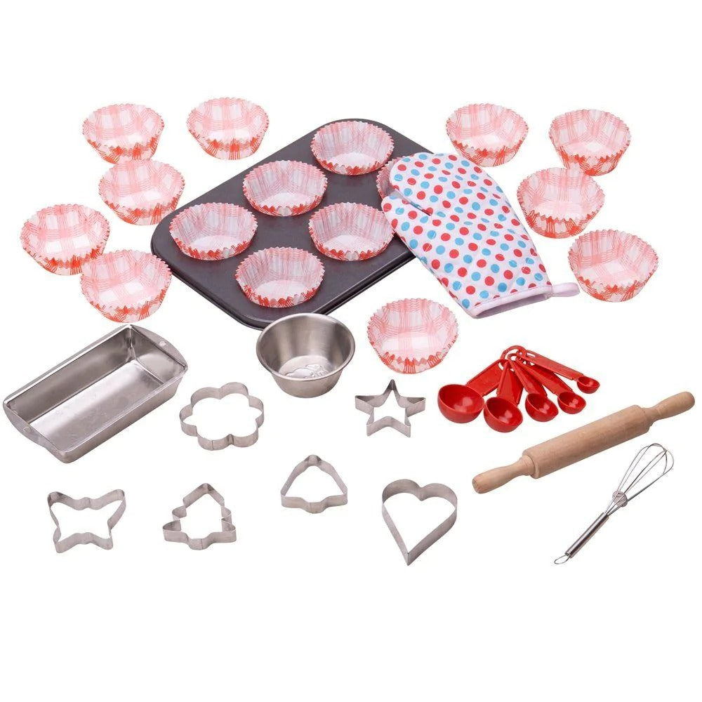 Top Young Chefs Baking Set, Top Young Chefs Baking Set,Bigjigs Young Chefs Baking Set,pretend play kitchen toys,kitchen toys,pretend play household,children's imaginative play ideas, Top Young Chefs Baking Set,This comprehensive Baking Set will encourage every Young Chef to develop their skills! Includes a six-bun baking tray, a ramekin, loaf tin, a whisk, a wooden rolling pin and six pastry cutters. Supplied complete with an oven glove and a set of measuring spoons that will inspire and delight youngsters 