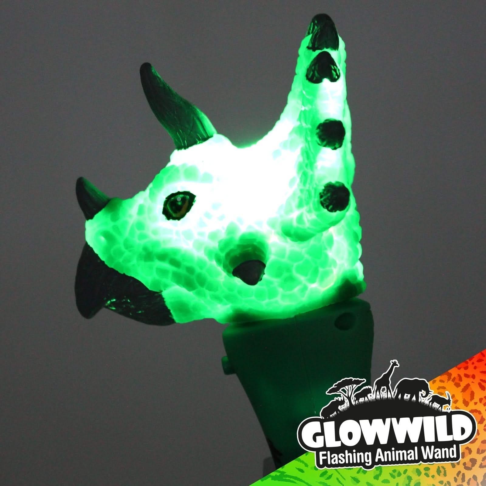 Triceratops Mini Light Up Animal Wand 7", Triceratops Mini Light Up Animal Wand 7"-Sensory Toys,Triceratops Mini Light Up Animal Wand, Triceratops Mini Light Up Animal Wand 7",Triceratops Mini Light Up Animal Wand 7" Description Bring Jurassic World to party time with this flashing dino wand topped with a triceratops head! Packed with colour change LEDs, this triceratops wand shines through a multi coloured light show with incredible flashing effects that will mesmerise! At 7"Triceratops Mini Light Up Anima