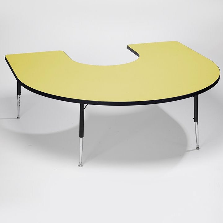 Tuf-Top™ Height Adjustable Horseshoe Table (Yellow), Tuf-Top™ Height Adjustable Horseshoe Table (Yellow),,Height Adjustable Horseshoe Table, Tuf-Top™ Height Adjustable Horseshoe Table (Yellow),Premium height adjustable tables, each with an attractive theme shaped top helping to facilitate creative interaction. Sturdy laminate 25mm depth table top designed for heavy school use. Easy wipe clean table top is available in 5 colour options: blue, red, yellow, maple and grey Durable PVC moulded edges for addedPre