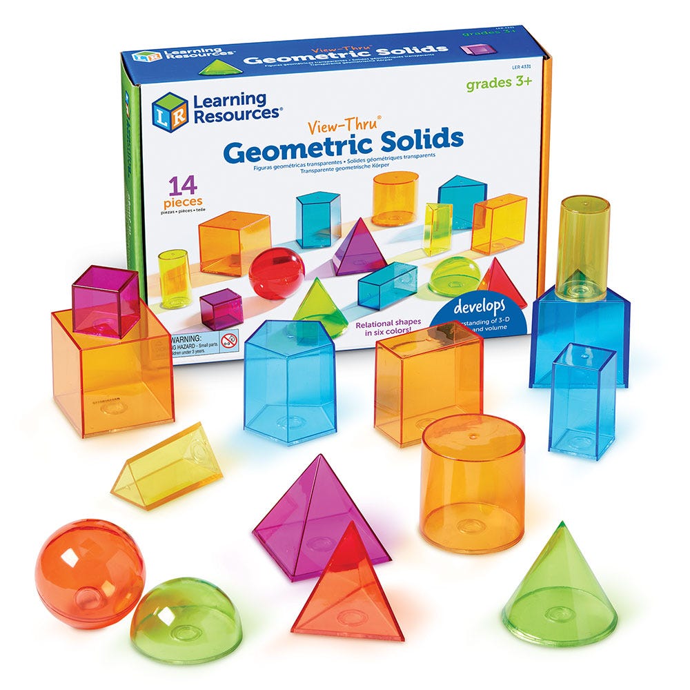 View-Thru Geometric Solids (Set of 14), View-Thru Geometric Solids (Set of 14),Learning Resources View-Thru Geometric Solids,Sensory Blocks, View-Thru Geometric Solids (Set of 14),These modern and colourful transparent View-Thru Geometric Solids 3-D shapes provide a hands-on way for young learners to explore a variety of mathematical concepts. The View-Thru Geometric Solids are specifically designed to introduce geometry, these durable plastic shapes also provide children with the opportunity to,View-ThruTh