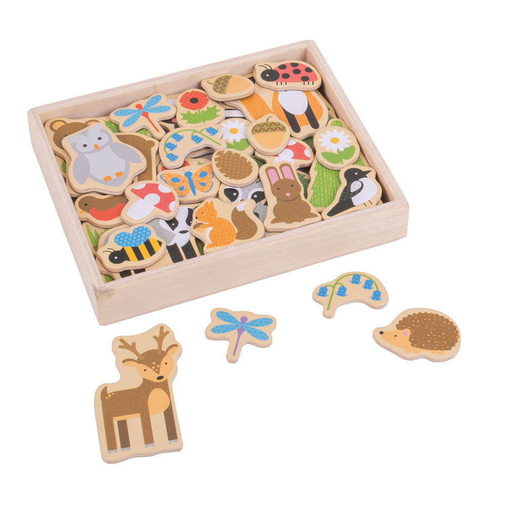 Woodland Magnets, Woodland Magnets,Bigjigs Woodland Magnets,Wooden toys,sensory toys,bigjigs toys, Woodland Magnets,These colourful Woodland Magnets are crafted from wood and have magnetic backs, to bring the wonders of the woods to the play area. Great for encouraging creative storytelling, this 35 piece set includes woodland animals, trees, flowers and more! Ideal for use with the Bigjigs Toys Magnetic Board (BJ380) or on the frid,WoodlandThese colourful Woodland Magnets are crafted from wood and have mag