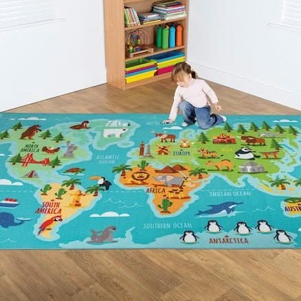 Animals and Places of the World Carpet, Animals and Places of the World Carpet, Classroom carpets, Classroom Rugs, Classroom learning rugs, Classroom learning carpets, EYFS carpets, EYFS Rugs, Animals and Places of the World Carpet,The Animals and Places of the World Carpet is a light and durable mat which includes continents, countries, climates, animals and multicultural studies. The Animals and Places of the World Carpet is a fun and engaging design to help children understand the different areas of the 