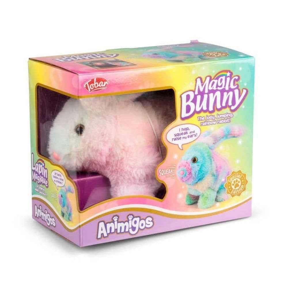 Animigos Magic Bunny, The Animigos Magic Bunny is a rainbow coloured plush rabbit that hops along and performs realistic rabbit actions. It raises its ears, snuffles its nose and emits a high-pitched squeak. It's based on one of our best-selling Animigos, but comes in really cool rainbow colours. We only have a limited supply of these bunnies, so get yours before they're gone! Animigos Magic Bunny Gold award winner - 2020 Independent Toy Awards Fluffy rabbit in rainbow colours Limited edition TOBAR exclusiv