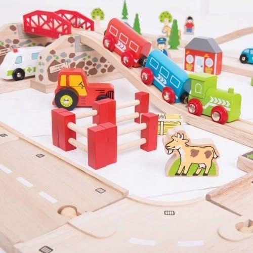 Bigjigs Rail Rural Road and Rail Train Set, Bigjigs Road & Rail Train Set,Childrens wooden train set,Bigjigs Wooden Train Set,Wooden train set,childrens wooden train set,toddlers train set,Bigjigs approved retailer, Bigjigs Rail Rural Road and Rail Train Set,Enjoy the best of rail and road with our Road & Rail Wooden Train Set. The two-lane roadway passes under the track and through a level crossing, while the train and brightly coloured carriages head out to the countryside. This Bigjigs Rail Rural Road an