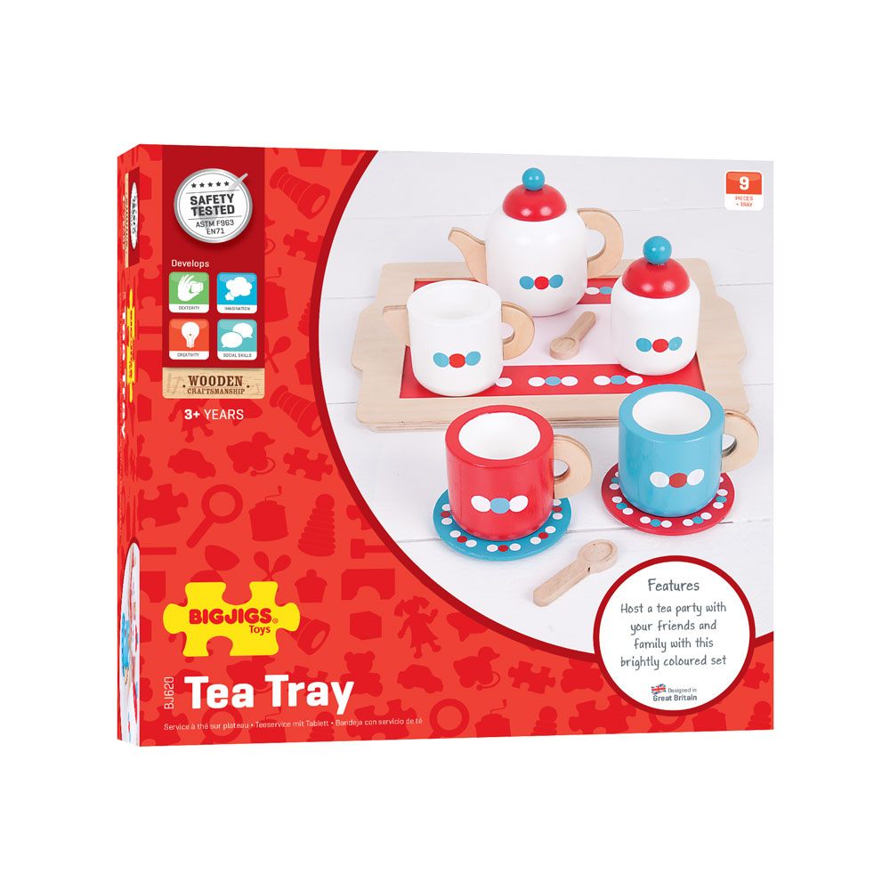 BigJigs Tea Set on a Tray, BigJigs Tea Set on a Tray,BigJigs Tea Set on a Tray,childrens wooden toys,children's imaginative play ideas, BigJigs Tea Set on a Tray,This delightful BigJigs Tea Set on a Tray comes with everything they need to host the perfect tea party, including a teapot with lid, two wooden cups and saucers, a sugar pot with lid, two wooden spoons, a milk jug, and a tray. Kids will love pouring imaginary tea and serving up imaginary treats with this charming set.,BigJigs Tea Set on a TrayThis