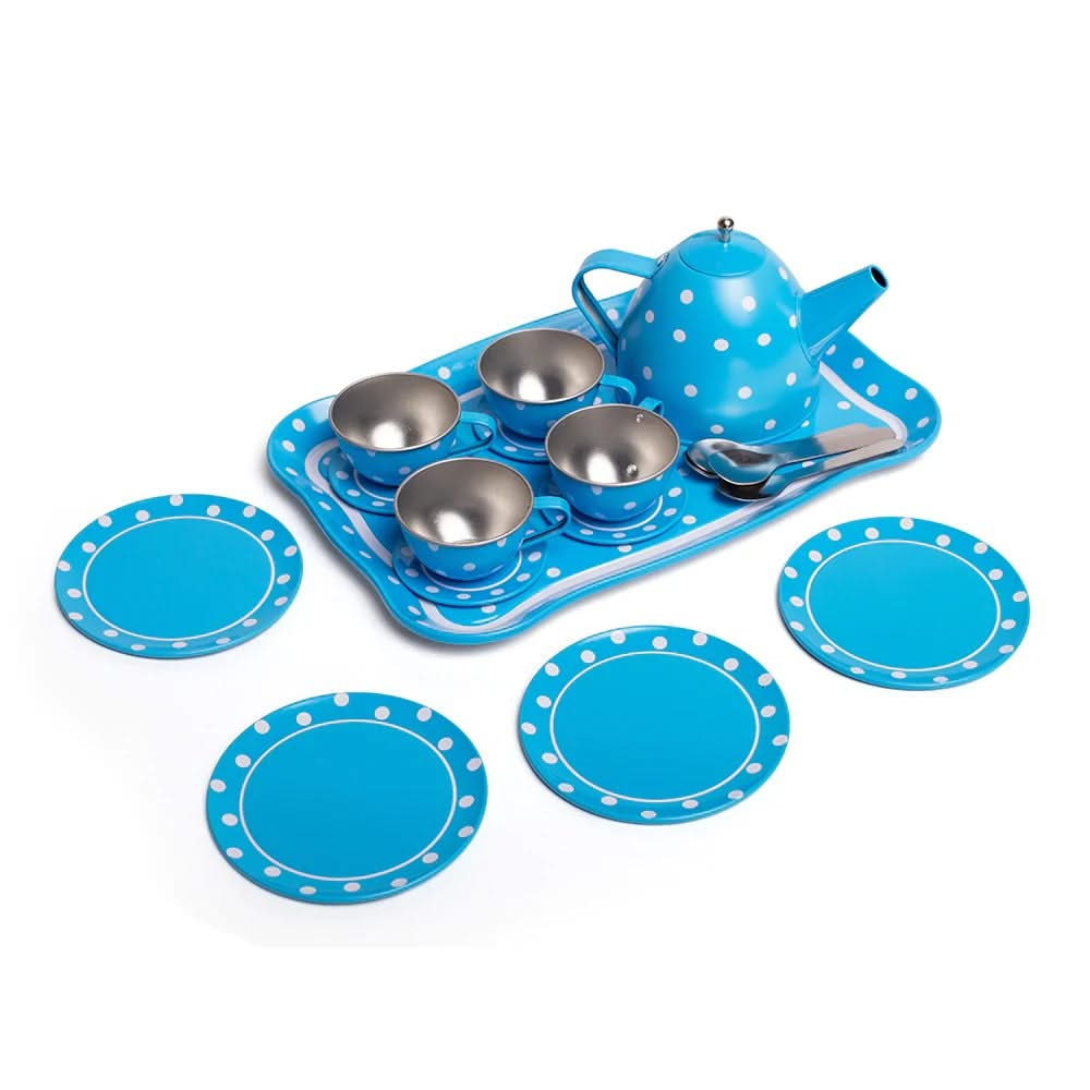 Blue Polka Dot Tin Tea Set, Blue Polka Dot Tin Tea Set, Bigjigs Blue Polka Dot Kids Tea Set, Role play tea set,tin tea play set, Blue Polka Dot Tin Tea Set,Blue Polka Dot Tin Tea Set: Perfect for Little Hosts and Hostesses! Elevate playtime with the charming Blue Polka Dot Tin Tea Set, a delightful 15-piece set that combines elegance with imaginative fun. Designed for little tea party enthusiasts, this set is perfect for hosting pretend gatherings with friends, family,Blue Polka Dot Tin Tea Set: Perfect for