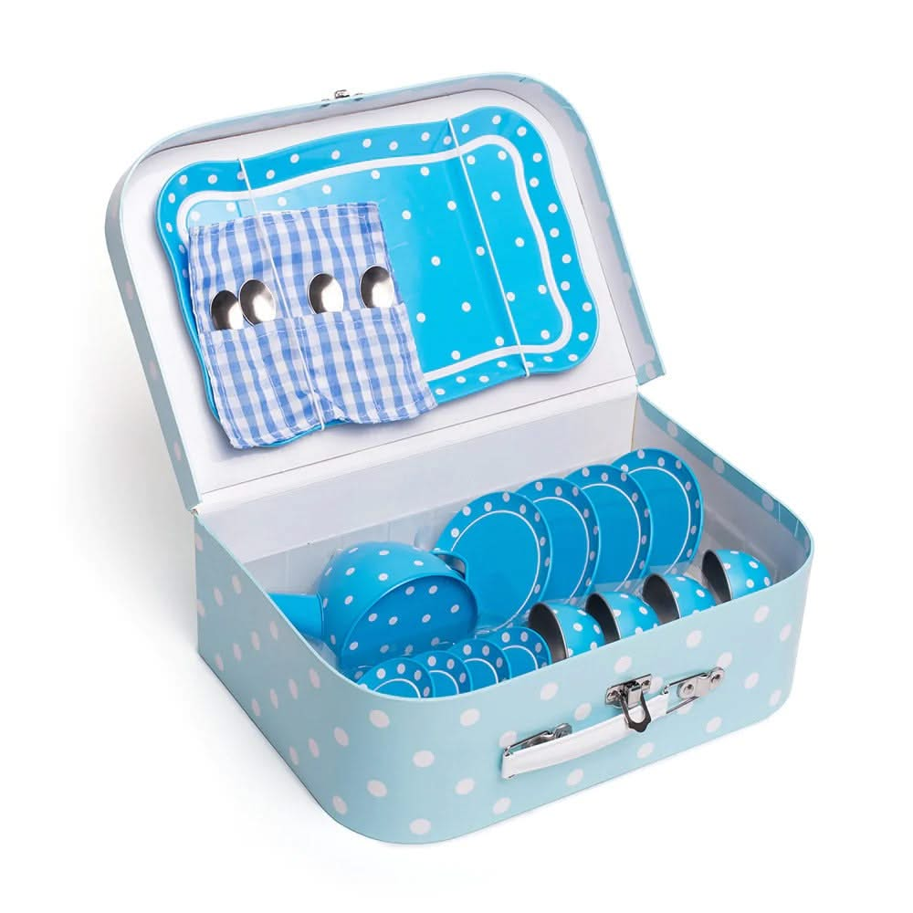 Blue Polka Dot Tin Tea Set, Blue Polka Dot Tin Tea Set, Bigjigs Blue Polka Dot Kids Tea Set, Role play tea set,tin tea play set, Blue Polka Dot Tin Tea Set,Blue Polka Dot Tin Tea Set: Perfect for Little Hosts and Hostesses! Elevate playtime with the charming Blue Polka Dot Tin Tea Set, a delightful 15-piece set that combines elegance with imaginative fun. Designed for little tea party enthusiasts, this set is perfect for hosting pretend gatherings with friends, family,Blue Polka Dot Tin Tea Set: Perfect for