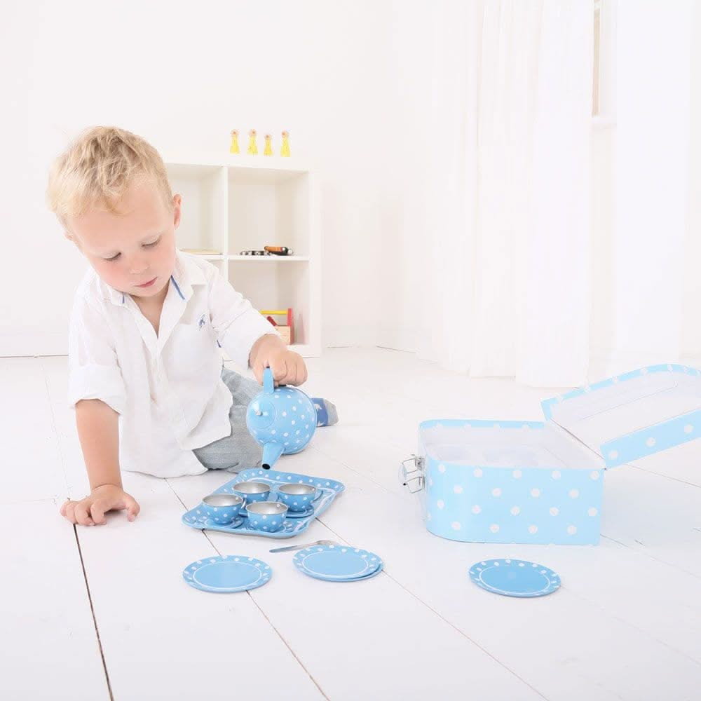 Blue Polka Dot Tin Tea Set, Blue Polka Dot Tin Tea Set, Bigjigs Blue Polka Dot Kids Tea Set, Role play tea set,tin tea play set, Blue Polka Dot Tin Tea Set,Blue Polka Dot Tin Tea Set: Perfect for Little Hosts and Hostesses! Elevate playtime with the charming Blue Polka Dot Tin Tea Set, a delightful 15-piece set that combines elegance with imaginative fun. Designed for little tea party enthusiasts, this set is perfect for hosting pretend gatherings with friends, family,Blue Polka Dot Tin Tea Set: Perfect for