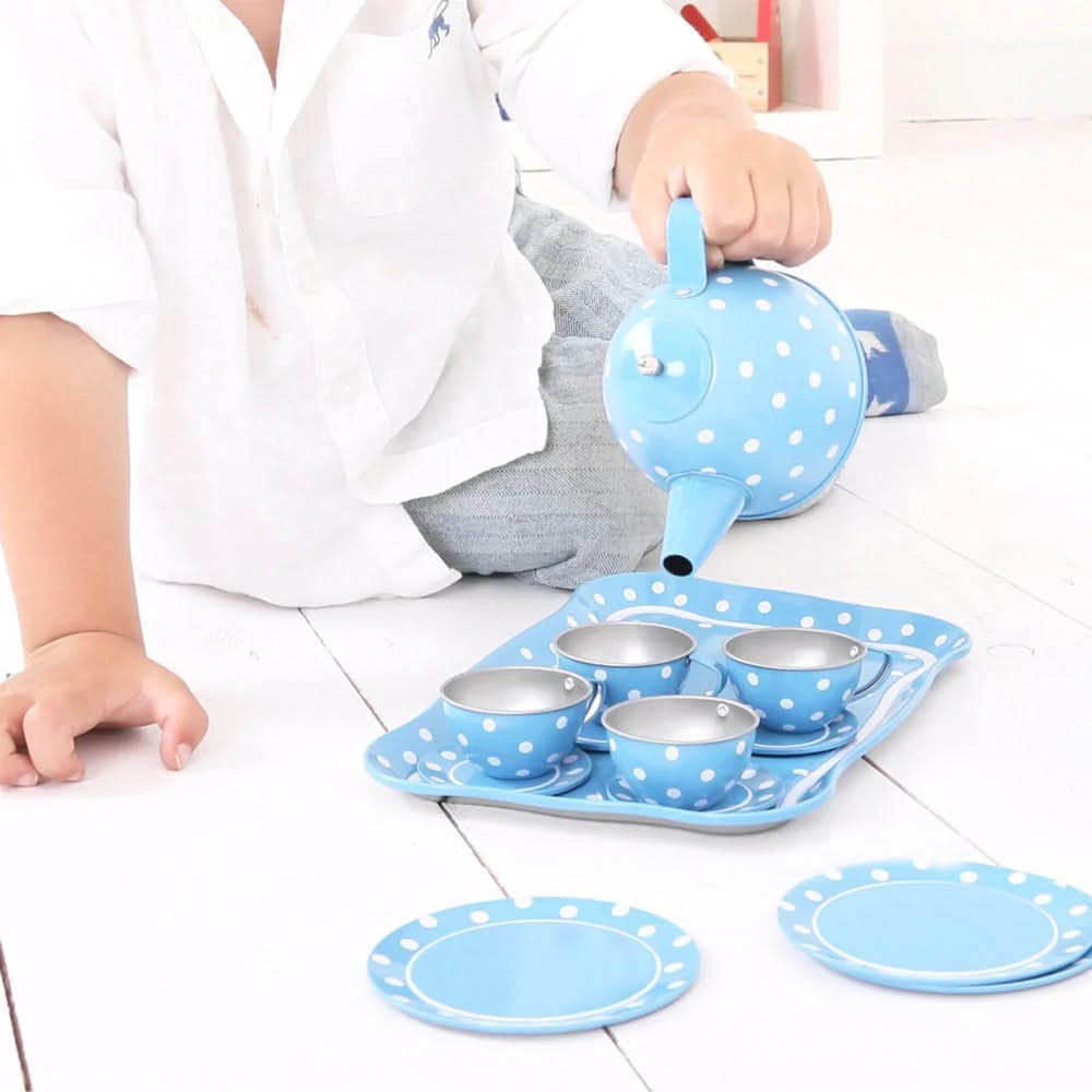 Blue Polka Dot Tin Tea Set, Blue Polka Dot Tin Tea Set, Bigjigs Blue Polka Dot Kids Tea Set, Role play tea set,tin tea play set, Blue Polka Dot Tin Tea Set,Blue Polka Dot Tin Tea Set: Perfect for Little Hosts and Hostesses! Elevate playtime with the charming Blue Polka Dot Tin Tea Set, a delightful 15-piece set that combines elegance with imaginative fun. Designed for little tea party enthusiasts, this set is perfect for hosting pretend gatherings with friends, family,Blue Polka Dot Tin Tea Set: Perfect for