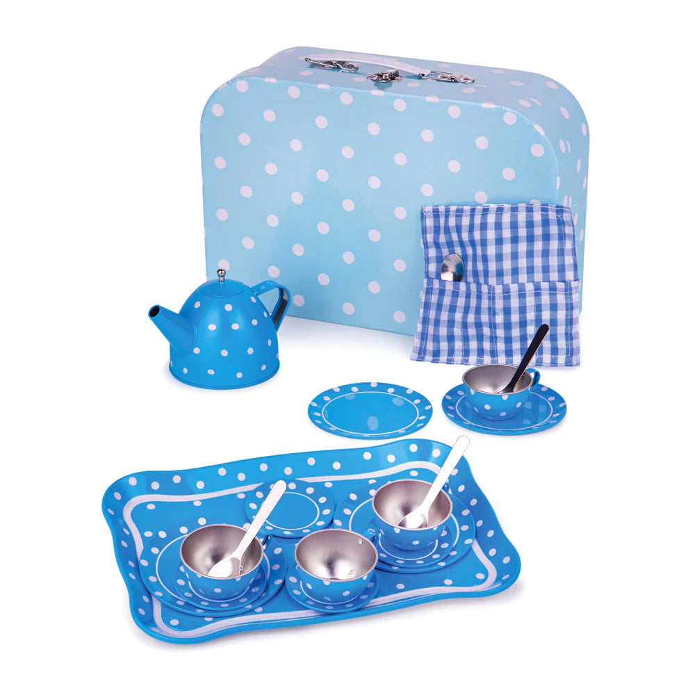 Blue Polka Dot Tin Tea Set, Blue Polka Dot Tin Tea Set, Bigjigs Blue Polka Dot Kids Tea Set, Role play tea set,tin tea play set, Blue Polka Dot Tin Tea Set,Blue Polka Dot Tin Tea Set: Perfect for Little Hosts and Hostesses! Elevate playtime with the charming Blue Polka Dot Tin Tea Set, a delightful 15-piece set that combines elegance with imaginative fun. Designed for little tea party enthusiasts, this set is perfect for hosting pretend gatherings with friends, family,Blue Polka Dot Tin Tea Set: Perfect for