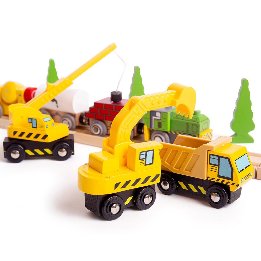 Construction Site Vehicles, Construction Site Vehicles Bigjigs,Construction Vehicles Set 5 pieces, construction themed wooden toys,Wooden toy cars,wooden cars,children's wooden toys,traditional toy car,wooden toy car, Construction Site Vehicles,Need extra assistance on your Construction Wooden Train Set? These bright yellow Site Vehicles can dig holes, roll tarmac and carry away the rubble from the building site and are the perfect wooden train accessories. This construction toy set includes a construction 