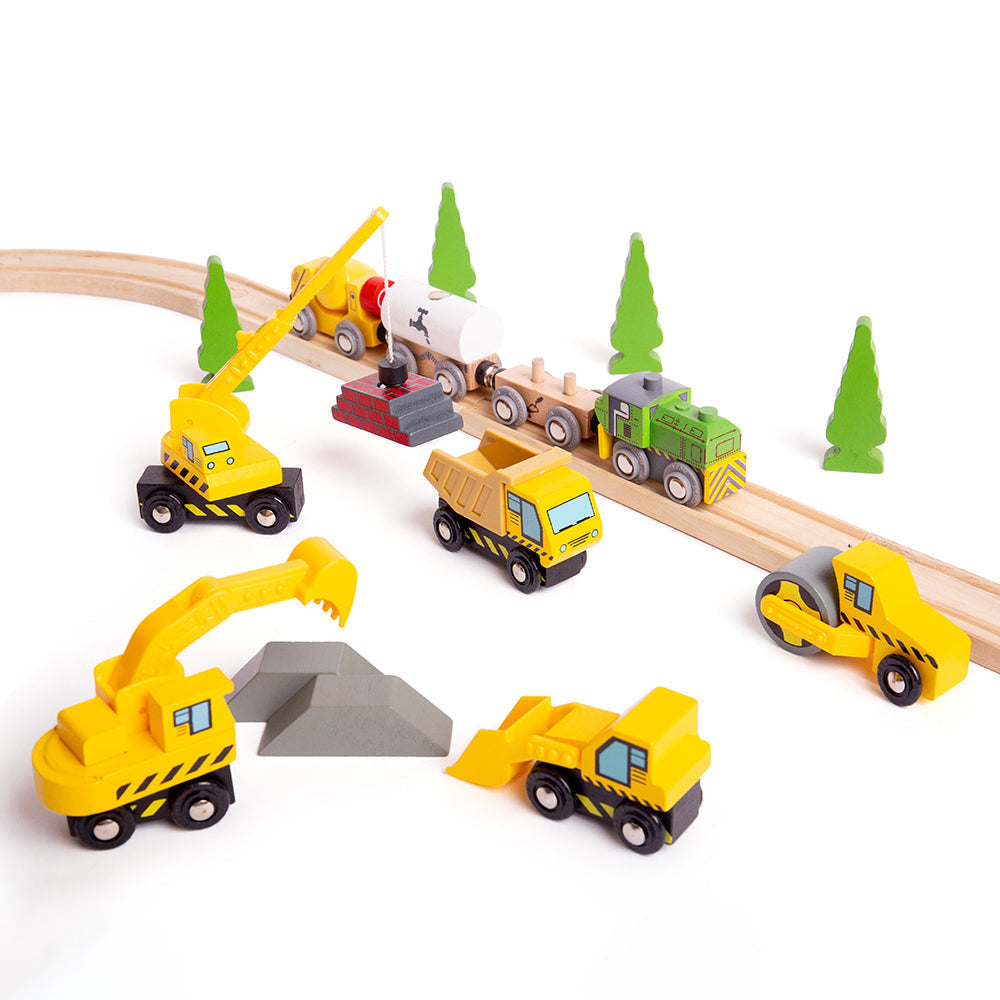 Construction Site Vehicles, Construction Site Vehicles Bigjigs,Construction Vehicles Set 5 pieces, construction themed wooden toys,Wooden toy cars,wooden cars,children's wooden toys,traditional toy car,wooden toy car, Construction Site Vehicles,Need extra assistance on your Construction Wooden Train Set? These bright yellow Site Vehicles can dig holes, roll tarmac and carry away the rubble from the building site and are the perfect wooden train accessories. This construction toy set includes a construction 