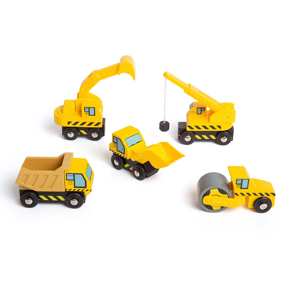 Construction Site Vehicles, Construction Site Vehicles Bigjigs,Construction Vehicles Set 5 pieces, construction themed wooden toys,Wooden toy cars,wooden cars,children's wooden toys,traditional toy car,wooden toy car, Construction Site Vehicles,Need extra assistance on your Construction Wooden Train Set? These bright yellow Site Vehicles can dig holes, roll tarmac and carry away the rubble from the building site and are the perfect wooden train accessories. This construction toy set includes a construction 