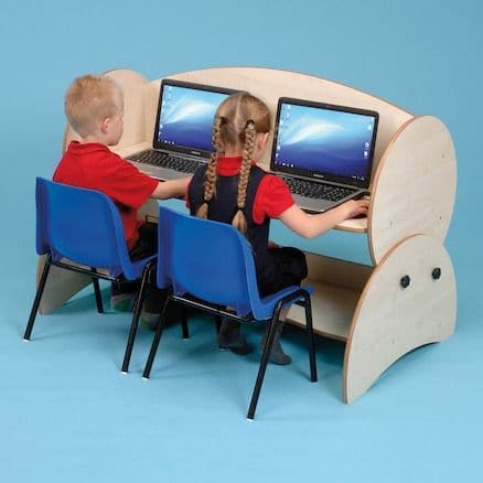 Double Computer Desk, Wide desk sized to fit two PCs or laptops side by side perfect for Early years settings or primary schools. The Double Computer Desk has shaped edges which provide extra comfort for children when in use. The Double Computer Desk is a robust and durable addition to any classroom or early years setting. 15mm Covered MDF – ISO 22196 certified antibacterial. Wide enough to seat two children with computers/laptops. Durable and sturdy. Supplied in flat pack form with easy to follow assembly 