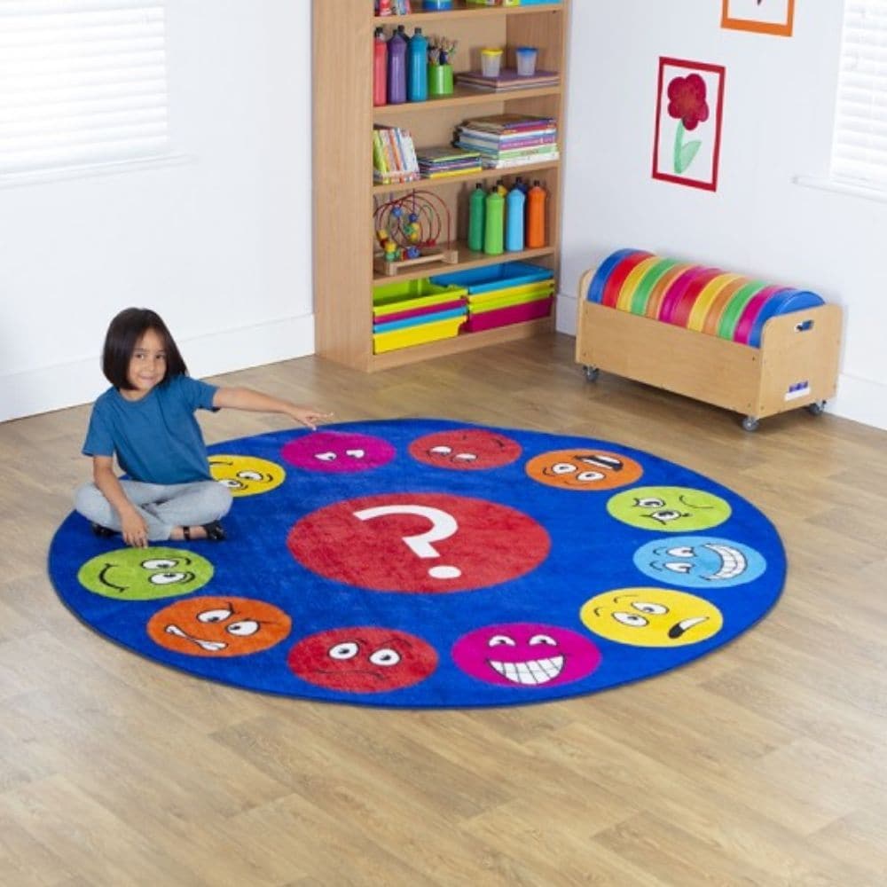 Emotions Faces Circular Carpet, Emotions Faces Circular Carpet,Emotions Faces Interactive Circular Carpet,Emotions Interactive Circular Carpet,School furnishings,school equipment,school rugs,story corner,children's story corner, Emotions Faces Circular Carpet,This highly visual Emotions Faces Circular Carpet has 12 different emotional/feelings expressions to encourage group discussion about feelings and interaction. The Emotions Faces Circular Carpet brings colour and character into any classroom or early y