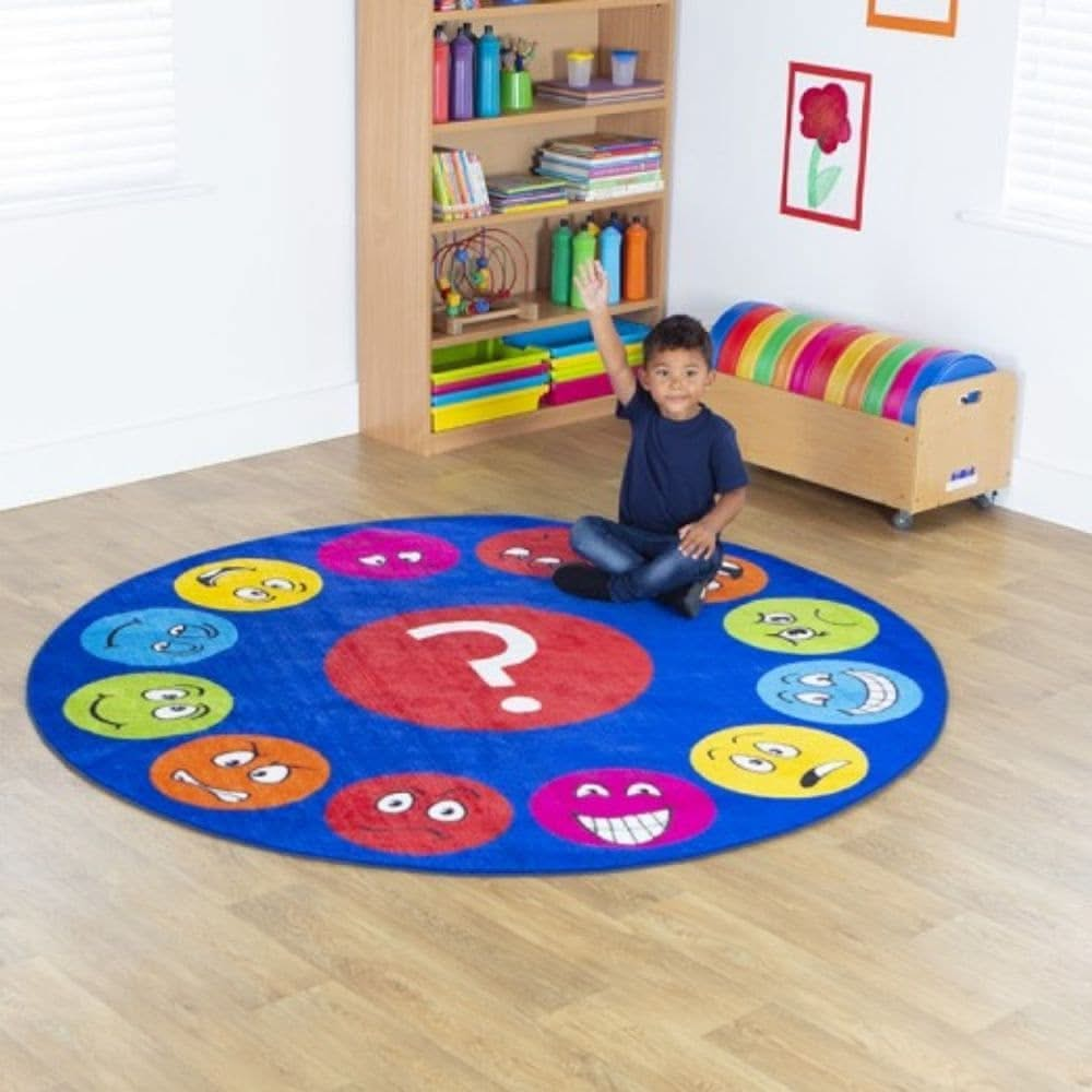 Emotions Faces Circular Carpet, Emotions Faces Circular Carpet,Emotions Faces Interactive Circular Carpet,Emotions Interactive Circular Carpet,School furnishings,school equipment,school rugs,story corner,children's story corner, Emotions Faces Circular Carpet,This highly visual Emotions Faces Circular Carpet has 12 different emotional/feelings expressions to encourage group discussion about feelings and interaction. The Emotions Faces Circular Carpet brings colour and character into any classroom or early y