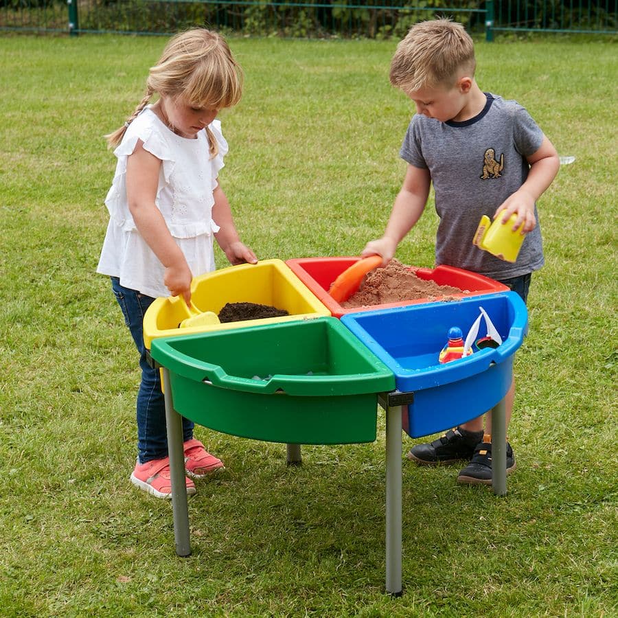 Exploration Circle Set Colour Trays, Exploration Circle water tray Set Colour Trays,messy play, water play, sand, medium, media, tactile, trays, materials, school, activity, play,Clear Sand and Water Play Tray with Blue Stand,childrens water tray table,childrens sand and watertray table,school water table,sensory play table, Exploration Circle Set Colour Trays,The Exploration Circle Set Colour Trays has 4 coloured quadrant trays with a grey metal stand forming a sturdy activity circle. Using the Exploration