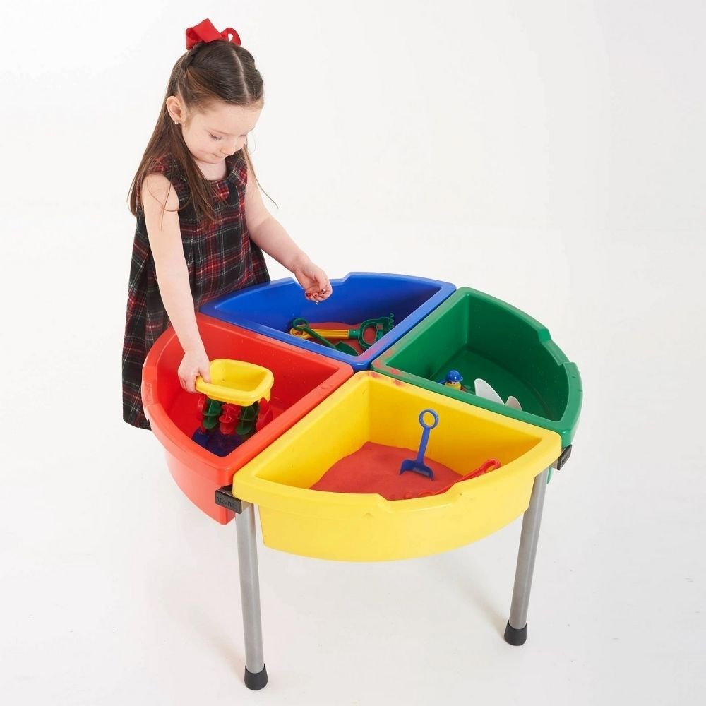 Exploration Circle Set Colour Trays, Exploration Circle water tray Set Colour Trays,messy play, water play, sand, medium, media, tactile, trays, materials, school, activity, play,Clear Sand and Water Play Tray with Blue Stand,childrens water tray table,childrens sand and watertray table,school water table,sensory play table, Exploration Circle Set Colour Trays,The Exploration Circle Set Colour Trays has 4 coloured quadrant trays with a grey metal stand forming a sturdy activity circle. Using the Exploration