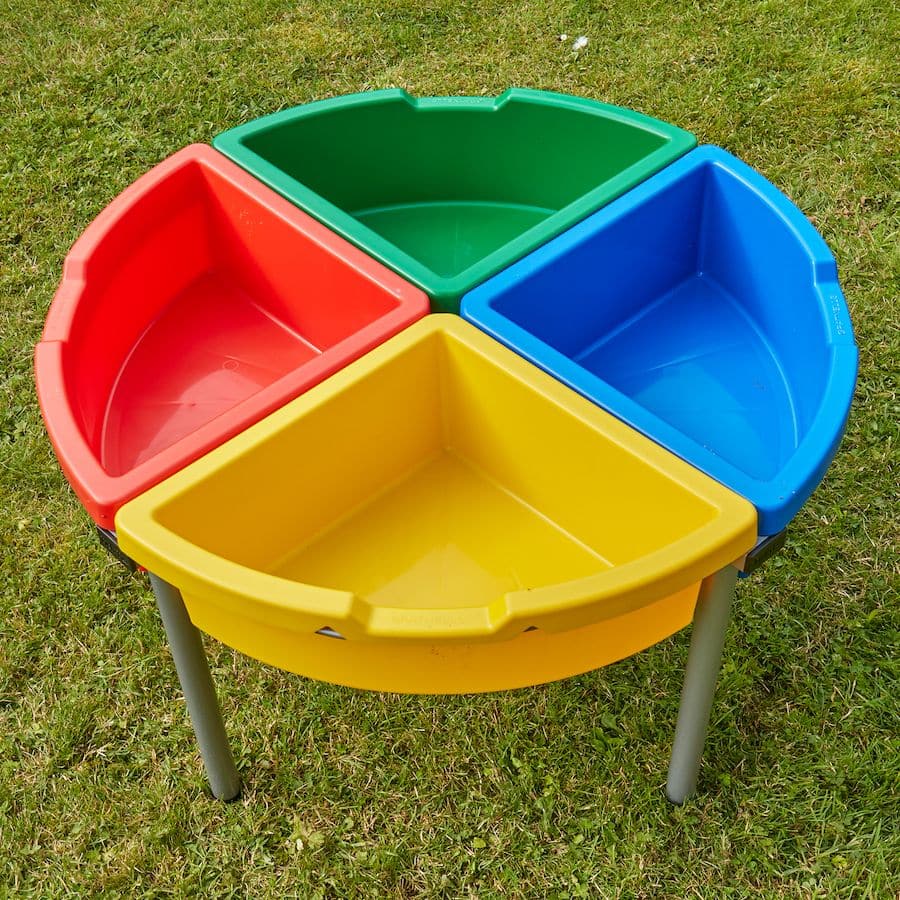 Exploration Circle Set Colour Trays, Exploration Circle water tray Set Colour Trays,messy play, water play, sand, medium, media, tactile, trays, materials, school, activity, play,Clear Sand and Water Play Tray with Blue Stand,childrens water tray table,childrens sand and watertray table,school water table,sensory play table, Exploration Circle Set Colour Trays,The Exploration Circle Set Colour Trays has 4 coloured quadrant trays with a grey metal stand forming a sturdy activity circle. Using the Exploration