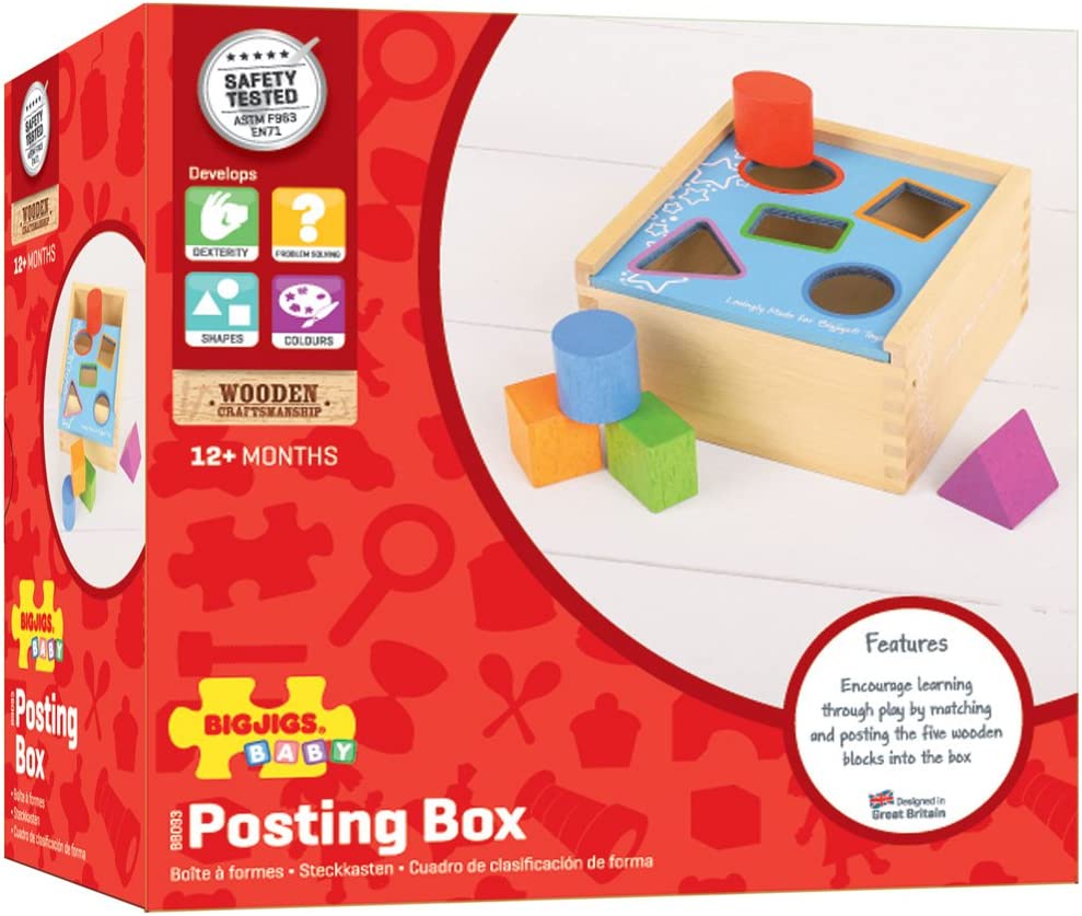 First Posting Box, Help your little one develop colour and shape recognition with this wooden Posting Box. Match the shapes to the colours and slots on the top of this wooden box and post each shape through the correct hole. Help your little one develop colour and shape recognition with this wooden Posting Box. Match the shapes to the colours and slots on the top of this wooden box and post each shape through the correct hole. The wooden box features a sliding top to allow easy access to all shapes and stor