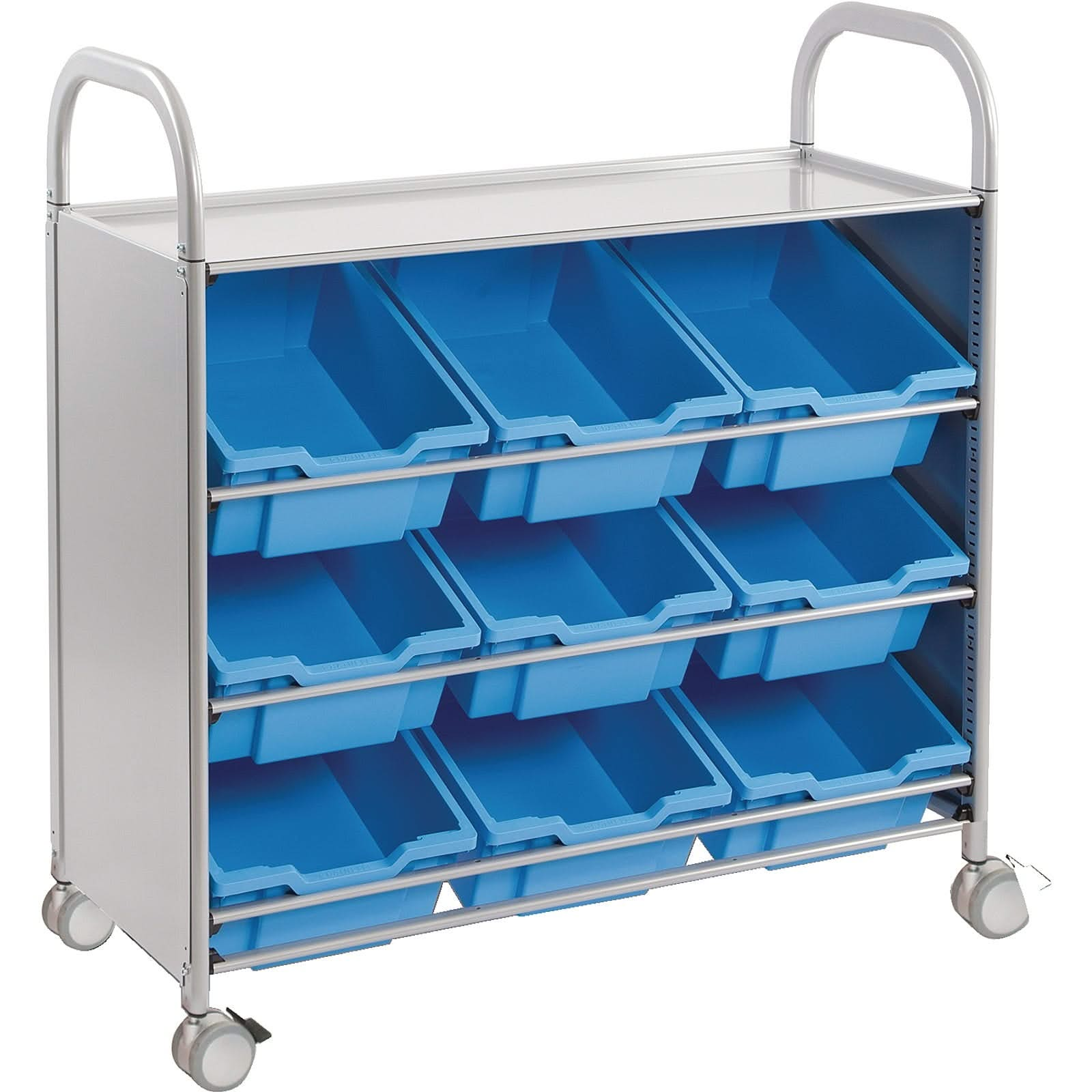 Gratnells Callero Storage 9 Slanted Trays, , Gratnells Callero Storage 9 Slanted Trays,Metal trolley with tilted trays allowing easy viewing of contents. Ideal for easy viewing and access to contents. Choose silver or cyan metal trim and the trolley comes with both feet and castors so you can choose between static and mobile use. Treble width Callero trolley with tilted trays for easy displayMetal trolley with tilted trays allowing easy viewing of contents. Ideal for easy viewing and access to contents. Cho