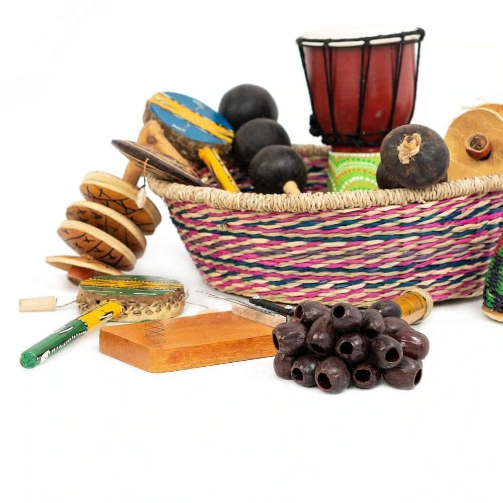 Honestly Made African basket, Honestly Made African basket,Natural musical resources,classroom percussion kit,Classroom Percussion Bag,classroom music set,school music set,school musical instruments,school supplies, Honestly Made African basket,The perfect tool for introducing traditional African sounds, this African basket contains thirteen traditional instruments contained in colourful woven Senegalese basket.Each item has been lovingly handcrafted by local makers using sustainable materials.Many of these