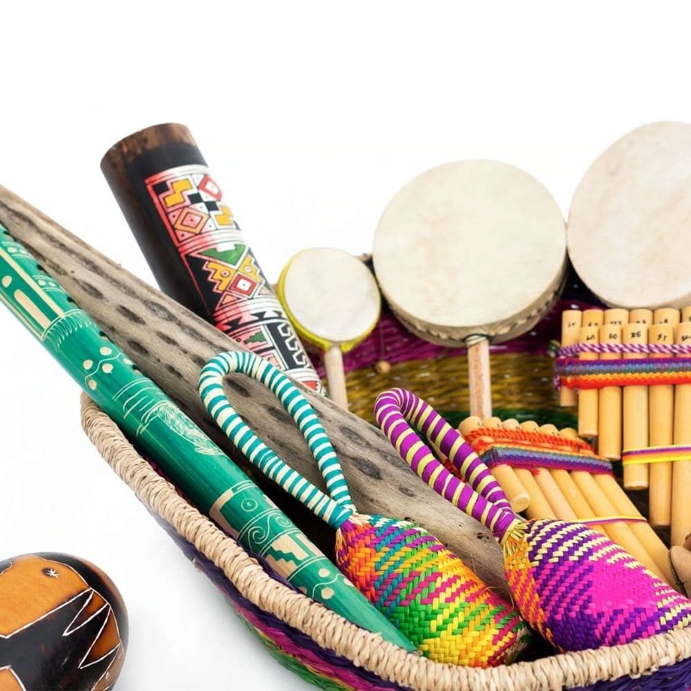 Honestly Made South American pack, Honestly Made South American pack,Natural musical resources,classroom percussion kit,Classroom Percussion Bag,classroom music set,school music set,school musical instruments,school supplies, Honestly Made South American pack,Discover the sounds of the South American continent with this pack from the Percussion Plus Honestly Made range. Featuring over 16 instruments, all presented in an attractive and colourful woven basket. Bright colours, complex hand painted designs and 