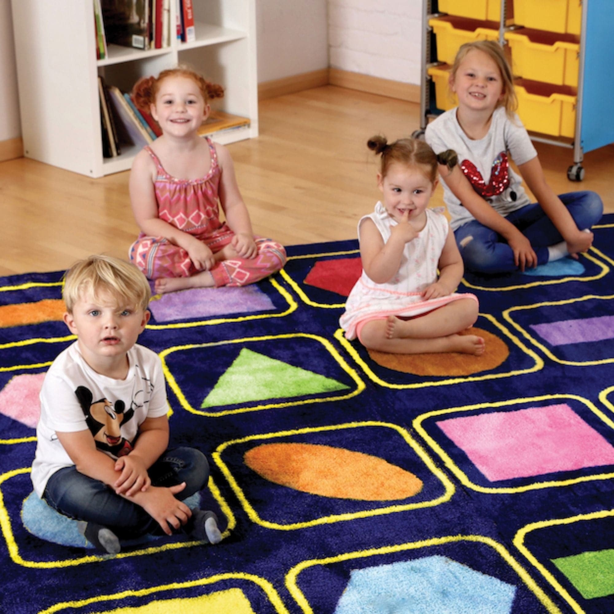 Kindercolour Geometric Shapes Carpet 3 X 3 Metre, Kindercolour Geometric Shapes Carpet 3 X 3 Metre,Kindercolour™Geometric Shapes Carpet 3 X 3 Metre,,Classroom carpets,Children's carpets,children's story time carpets and cushions,classroom carpets,primary school carpets and rugs, Kindercolour Geometric Shapes Carpet 3 X 3 Metre,The Kindercolour™Geometric Shapes Carpet is a huge 3m square placement carpet with clearly recognisable seating areas for up to 30 children. These brightly coloured basic shapes aid s