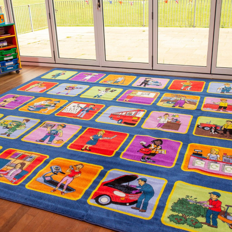 Kinder™ Occupations Placement Carpet, Kinder™ Occupations Placement Carpet,Placement Carpet,Classroom carpet,Nursery carpets,School carpets and cushions,classroom carpets,primary school carpets and rugs, Kinder™ Occupations Placement Carpet,Introducing the Kinder™ Occupations Placement Carpet, a vibrant and engaging addition to any early years or primary school learning environment. This 3-meter square carpet features clearly identifiable seating areas for up to 30 children, making it perfect for group acti