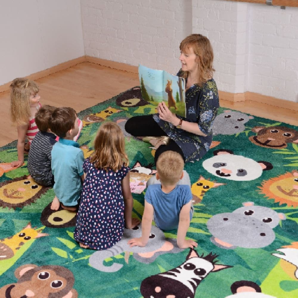 Kinder™Wild Animals Carpet 3 x 3 metre, Kinder™Wild Animals Carpet 3 x 3 metre,Educational carpets,Children's carpets,children's story time carpets and cushions,classroom carpets,primary school carpets and rugs, Kinder™Wild Animals Carpet 3 x 3 metre,The Kinder™Wild Animals Carpet is a 3-metre square placement carpet with clearly identifiable seating areas for up to 30 children.The brightly coloured Kinder™Wild Animals Carpet features wild animal characters include a panda, lion and a hippo. Our Heavy-Duty 