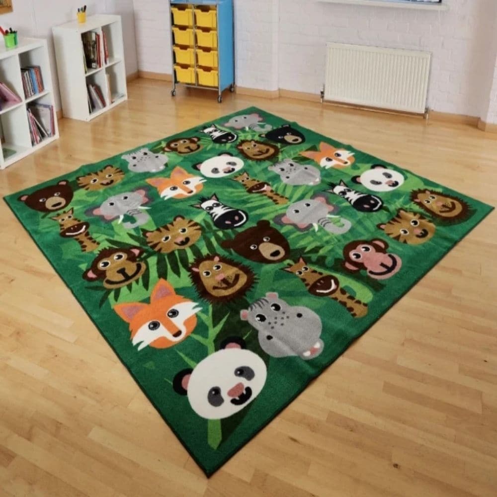 Kinder™Wild Animals Carpet 3 x 3 metre, The Kinder™Wild Animals Carpet is a 3-metre square placement carpet with clearly identifiable seating areas for up to 30 children.The brightly coloured Kinder™Wild Animals Carpet features wild animal characters include a panda, lion and a hippo. Our Heavy-Duty DuraPile™ The Kinder™Wild Animals Carpet is a substantial premium quality carpet, with an extra thick pile, soft textured tufted Nylon twist pile designed specifically for comfort and longevity. Ideal for Early 