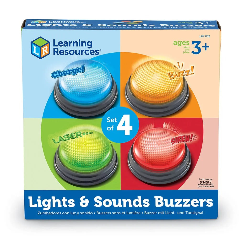 Learning Resources Lights & Sounds Answer Buzzers, These fun, colourful Lights & Sounds Answer Buzzers turn any activity into a game while keeping even the youngest children engaged! The Lights & Sounds Answer Buzzers Set includes 4 brightly coloured buzzers (blue, red, green and yellow) that light up when pressed. Each Lights & Sounds Answer Buzzer features a unique sound for easy differentiation – siren, game-show, laser and charge. Liven up any game with these colourful flashing answer buzzers! Create ga