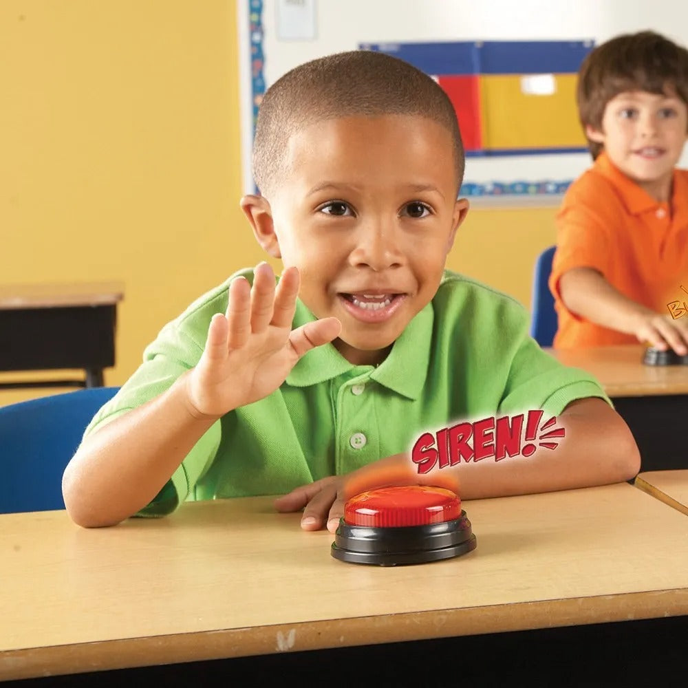 Learning Resources Lights & Sounds Answer Buzzers, These fun, colourful Lights & Sounds Answer Buzzers turn any activity into a game while keeping even the youngest children engaged! The Lights & Sounds Answer Buzzers Set includes 4 brightly coloured buzzers (blue, red, green and yellow) that light up when pressed. Each Lights & Sounds Answer Buzzer features a unique sound for easy differentiation – siren, game-show, laser and charge. Liven up any game with these colourful flashing answer buzzers! Create ga