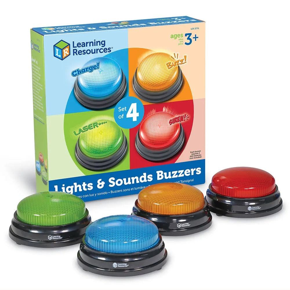 Learning Resources Lights & Sounds Answer Buzzers, These fun, colourful Lights & Sounds Answer Buzzers turn any activity into a game while keeping even the youngest children engaged! The Lights & Sounds Answer Buzzers Set includes 4 brightly coloured buzzers (blue, red, green and yellow) that light up when pressed. Each Lights & Sounds Answer Buzzer features a unique sound for easy differentiation – siren, game-show, laser and charge. Liven up any game with these colourful flashing answer buzzers! Create ga