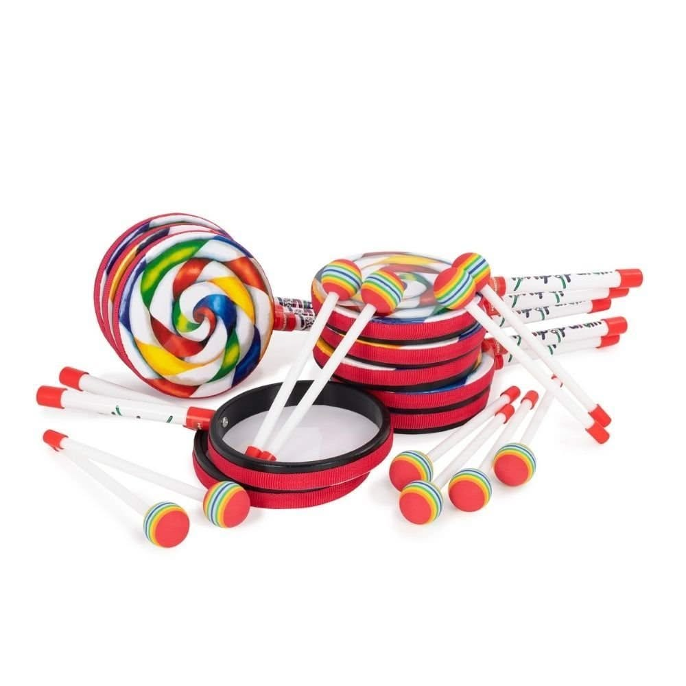 Lollipop drum pack of 10, Lollipop drum pack of 10,Lollipop drum,musical resources,classroom percussion kit,Classroom Percussion Bag,classroom music set,school music set,school musical instruments,school supplies, Lollipop drum pack of 10,The Lollipop drum pack of 10 is a fun and exciting instrument, particularly popular with younger children. The Lollipop drum is a bright and colourful instrument and can be played with your hand or with the supplied mallet. It is the perfect tool to stimulate children's in