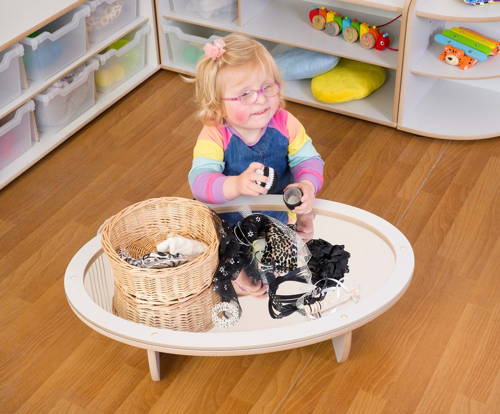 Low Oval Mirrored Table, Low Oval Mirrored Table,toddler mirror table,sensory mirror table,low oval mirror table, Low Oval Mirrored Table – A Safe & Engaging Space for Early Learning The Low Oval Mirrored Table is thoughtfully designed to provide a captivating and safe sensory experience for children under 3 years old. With its mirrored surface and child-friendly design, this table encourages early exploration, self-discovery, and sensory engagement, making it a valuable addition to nurseries, preschools, a