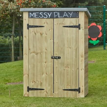 Messy Play Activity Shed, Messy Play Activity Shed, messy play equipment, messy play outdoor equipment, messy play outdoor storage, ,outdoor wooden play equipment,outdoor wooden play shop,outdoor wooden play,EYFS, Messy Play Activity Shed,The Messy Play Activity Shed provides the perfect storage facility to store away all your Messy Play Activity Activities after use. The Messy Play Activity Shed features 3 shelves to help keep the store organised and a chalkboard to help label what's inside. Robust unit wi