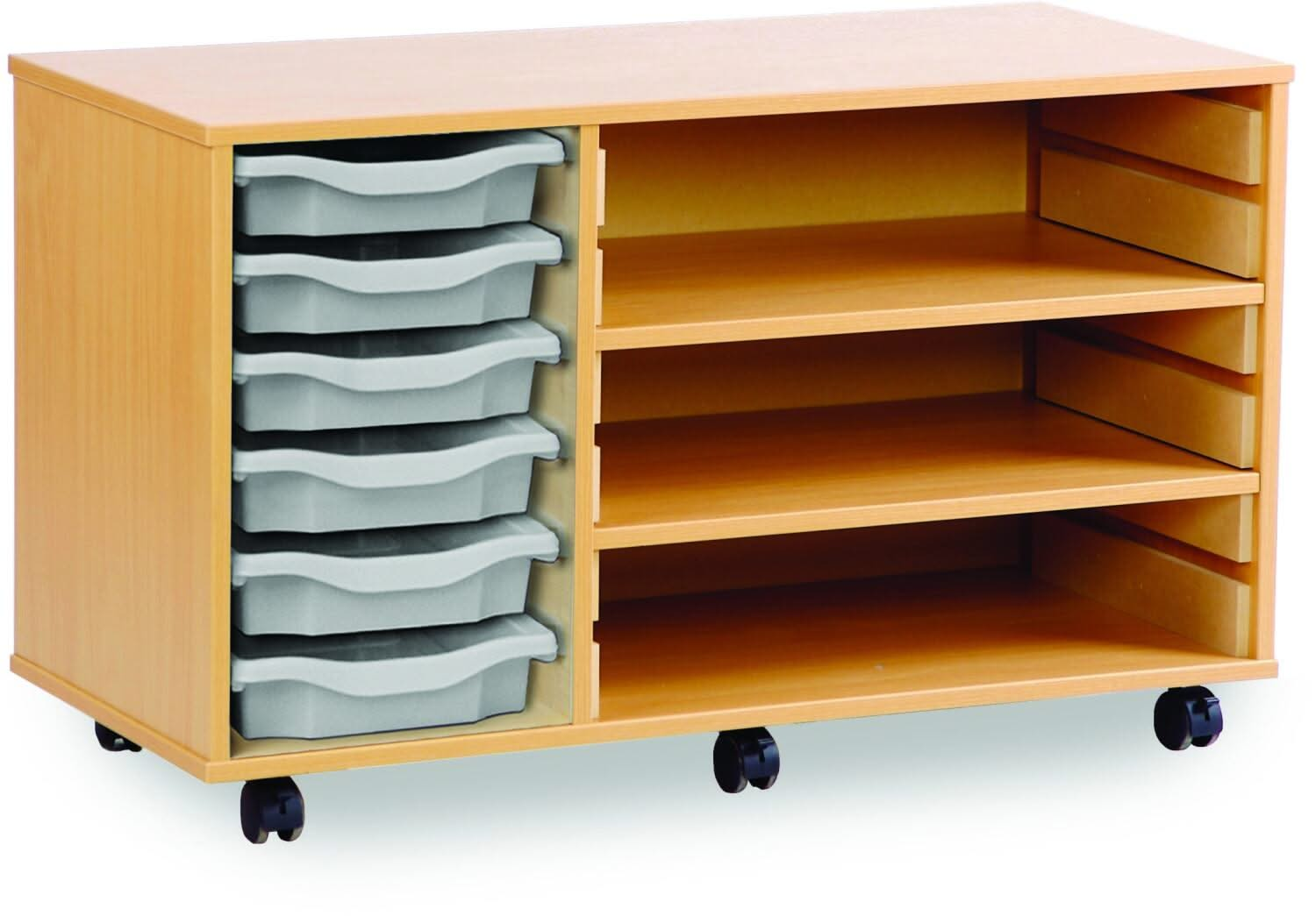 Monarch 6 Shallow Tray Unit with 2 Adjustable Shelves, , Monarch 6 Shallow Tray Unit with 2 Adjustable Shelves,The Monarch 6 Shallow Tray Unit with 2 Adjustable Shelves is a versatile and practical storage solution designed for schools, colleges, and nurseries. Combining the benefits of tray and shelf storage, this unit is perfect for organising educational materials, stationery, and classroom suppliesThe Monarch 6 Shallow Tray Unit with 2 Adjustable Shelves is a versatile and practical storage solution des