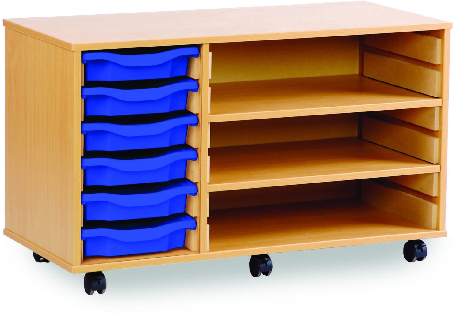 Monarch 6 Shallow Tray Unit with 2 Adjustable Shelves, , Monarch 6 Shallow Tray Unit with 2 Adjustable Shelves,The Monarch 6 Shallow Tray Unit with 2 Adjustable Shelves is a versatile and practical storage solution designed for schools, colleges, and nurseries. Combining the benefits of tray and shelf storage, this unit is perfect for organising educational materials, stationery, and classroom suppliesThe Monarch 6 Shallow Tray Unit with 2 Adjustable Shelves is a versatile and practical storage solution des