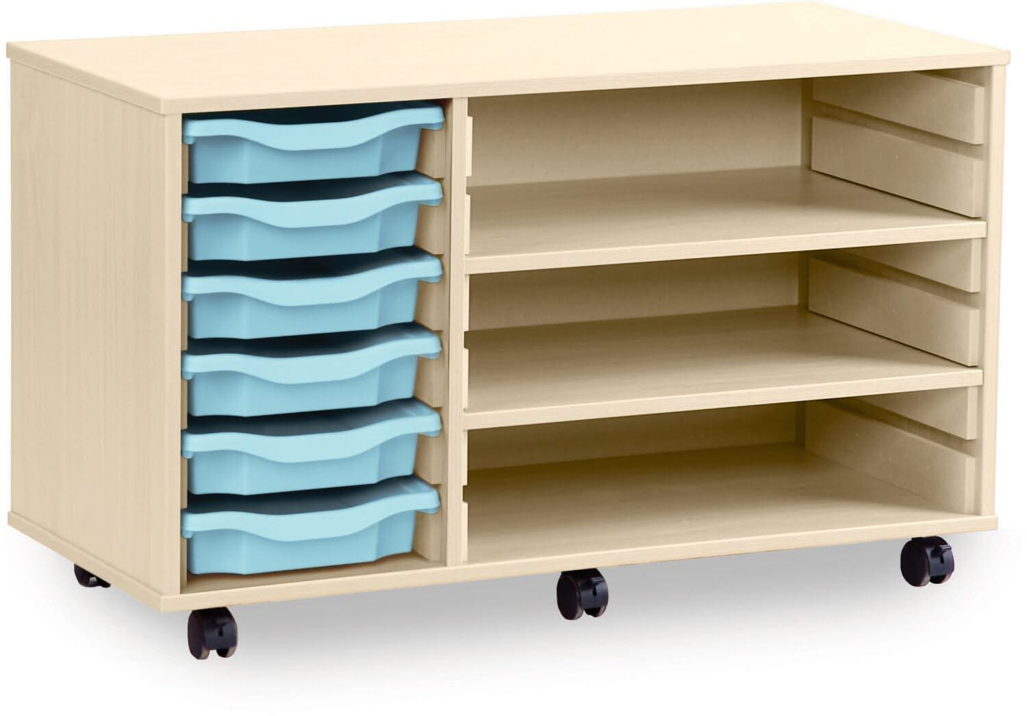 Monarch 6 Shallow Tray Unit with 2 Adjustable Shelves, , Monarch 6 Shallow Tray Unit with 2 Adjustable Shelves,The Monarch 6 Shallow Tray Unit with 2 Adjustable Shelves is a versatile and practical storage solution designed for schools, colleges, and nurseries. Combining the benefits of tray and shelf storage, this unit is perfect for organising educational materials, stationery, and classroom suppliesThe Monarch 6 Shallow Tray Unit with 2 Adjustable Shelves is a versatile and practical storage solution des