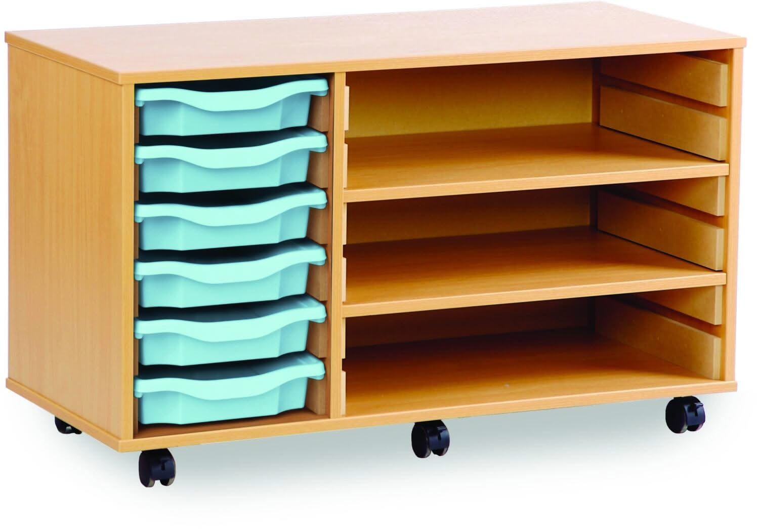 Monarch 6 Shallow Tray Unit with 2 Adjustable Shelves, , Monarch 6 Shallow Tray Unit with 2 Adjustable Shelves,The Monarch 6 Shallow Tray Unit with 2 Adjustable Shelves is a versatile and practical storage solution designed for schools, colleges, and nurseries. Combining the benefits of tray and shelf storage, this unit is perfect for organising educational materials, stationery, and classroom suppliesThe Monarch 6 Shallow Tray Unit with 2 Adjustable Shelves is a versatile and practical storage solution des