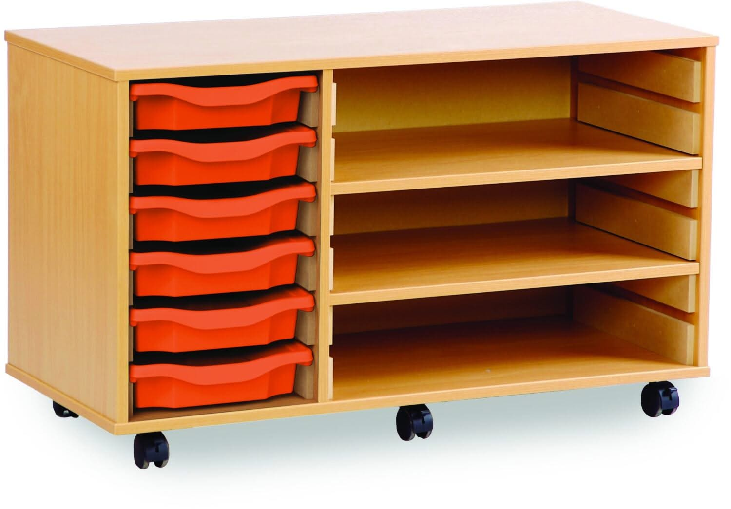 Monarch 6 Shallow Tray Unit with 2 Adjustable Shelves, , Monarch 6 Shallow Tray Unit with 2 Adjustable Shelves,The Monarch 6 Shallow Tray Unit with 2 Adjustable Shelves is a versatile and practical storage solution designed for schools, colleges, and nurseries. Combining the benefits of tray and shelf storage, this unit is perfect for organising educational materials, stationery, and classroom suppliesThe Monarch 6 Shallow Tray Unit with 2 Adjustable Shelves is a versatile and practical storage solution des