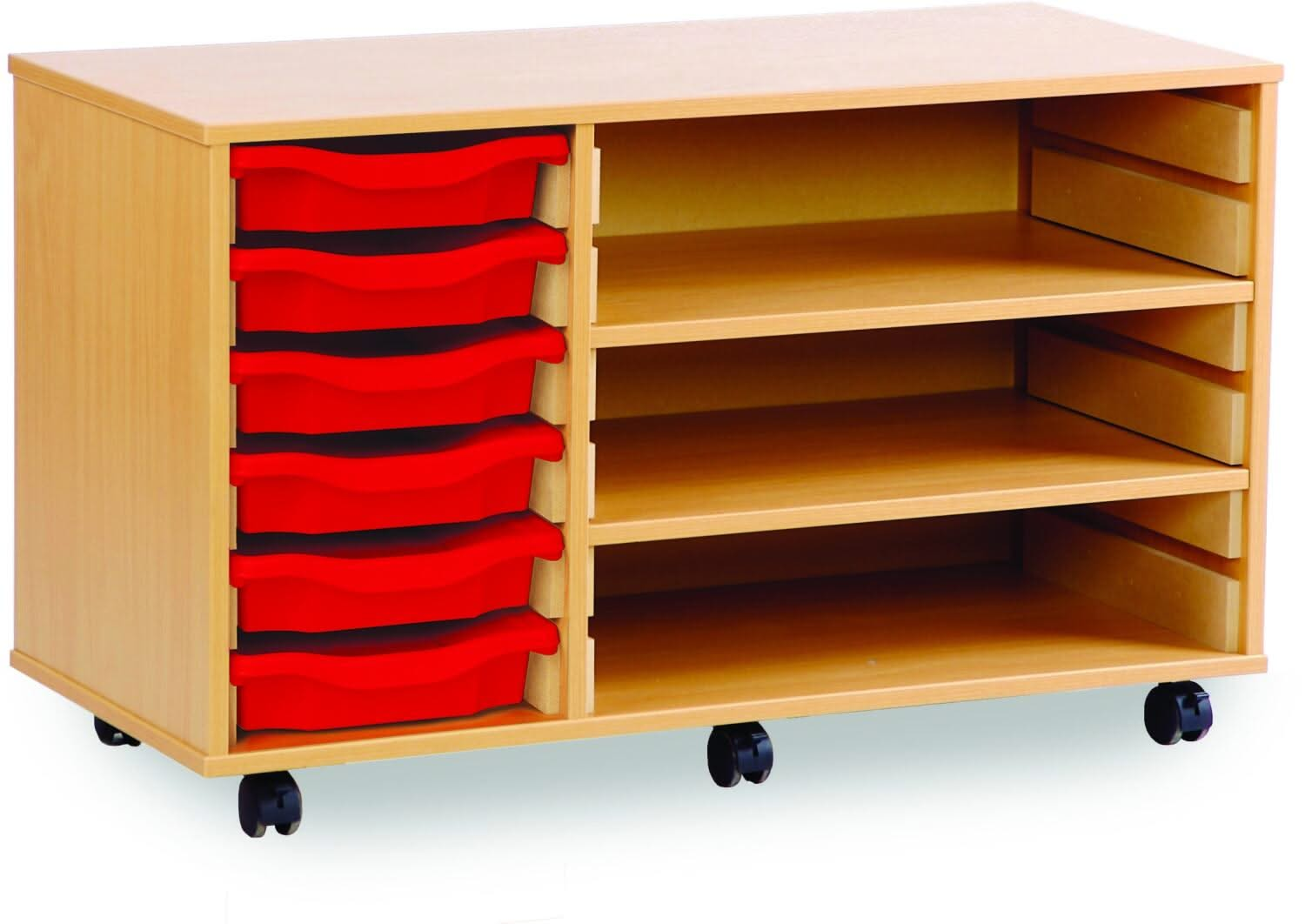 Monarch 6 Shallow Tray Unit with 2 Adjustable Shelves, , Monarch 6 Shallow Tray Unit with 2 Adjustable Shelves,The Monarch 6 Shallow Tray Unit with 2 Adjustable Shelves is a versatile and practical storage solution designed for schools, colleges, and nurseries. Combining the benefits of tray and shelf storage, this unit is perfect for organising educational materials, stationery, and classroom suppliesThe Monarch 6 Shallow Tray Unit with 2 Adjustable Shelves is a versatile and practical storage solution des