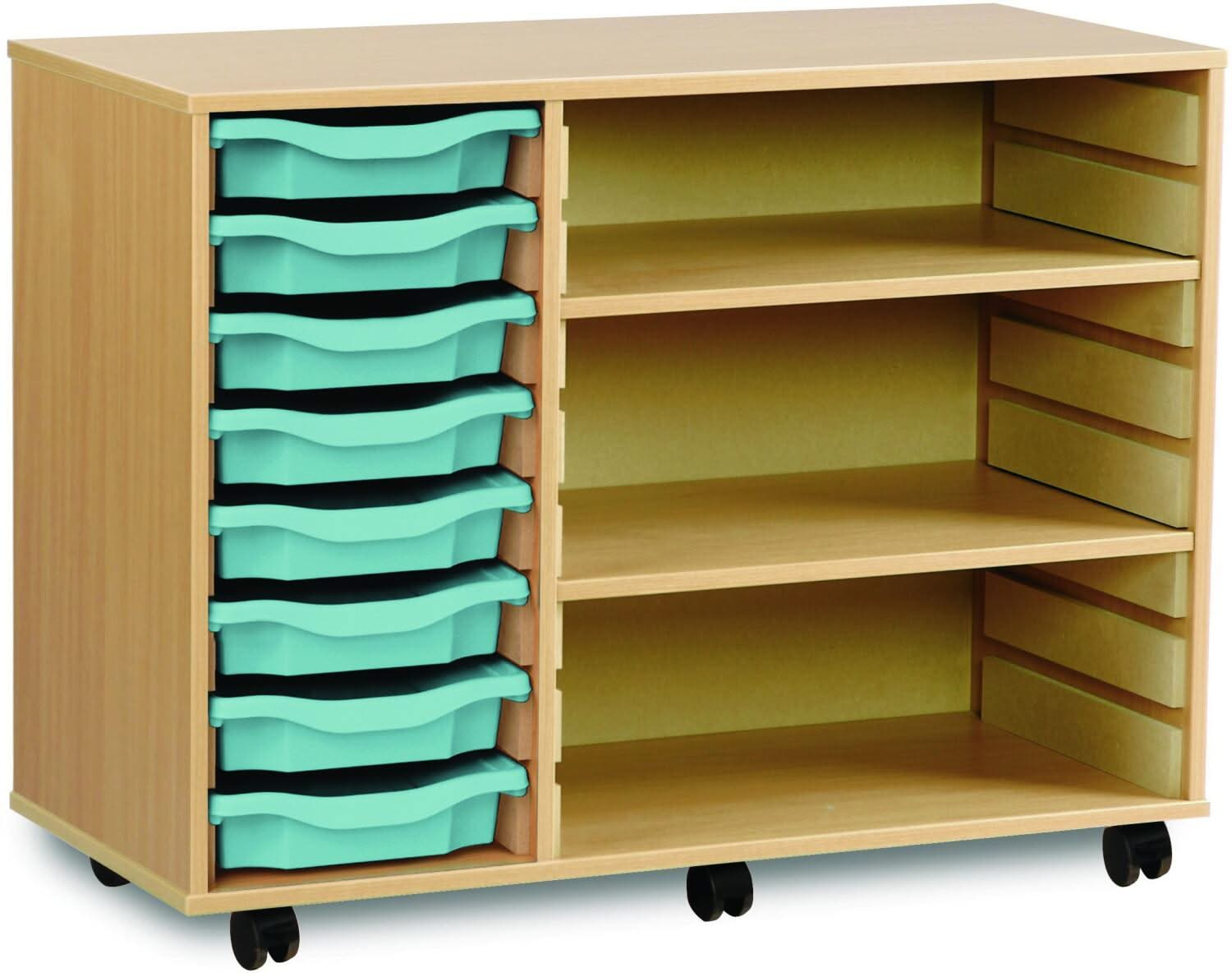 Monarch 8 Shallow Tray Unit with 2 Adjustable Shelves, , Monarch 8 Shallow Tray Unit with 2 Adjustable Shelves,The Monarch 8 Shallow Tray Unit with 2 Adjustable Shelves is a highly practical and versatile storage solution, ideal for schools, colleges, and nurseries. Combining tray and shelf storage, this unit is perfect for organising a variety of classroom materials, including stationery, craftThe Monarch 8 Shallow Tray Unit with 2 Adjustable Shelves is a highly practical and versatile storage solution, id