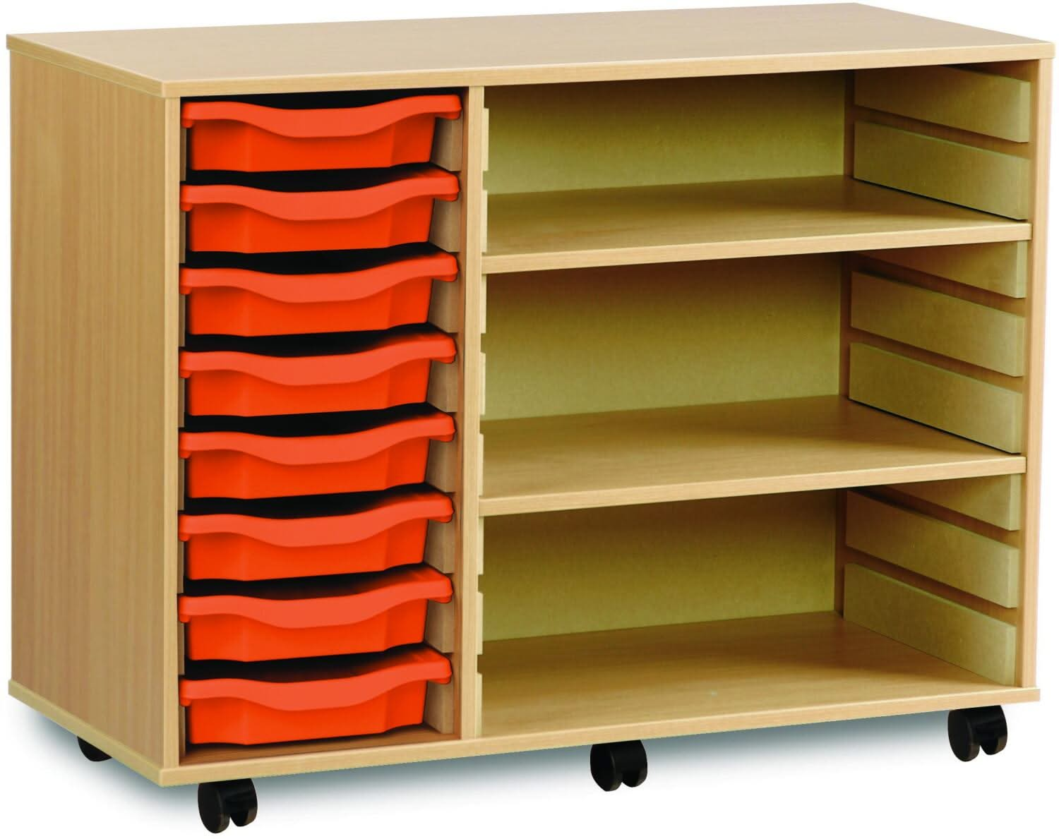 Monarch 8 Shallow Tray Unit with 2 Adjustable Shelves, , Monarch 8 Shallow Tray Unit with 2 Adjustable Shelves,The Monarch 8 Shallow Tray Unit with 2 Adjustable Shelves is a highly practical and versatile storage solution, ideal for schools, colleges, and nurseries. Combining tray and shelf storage, this unit is perfect for organising a variety of classroom materials, including stationery, craftThe Monarch 8 Shallow Tray Unit with 2 Adjustable Shelves is a highly practical and versatile storage solution, id