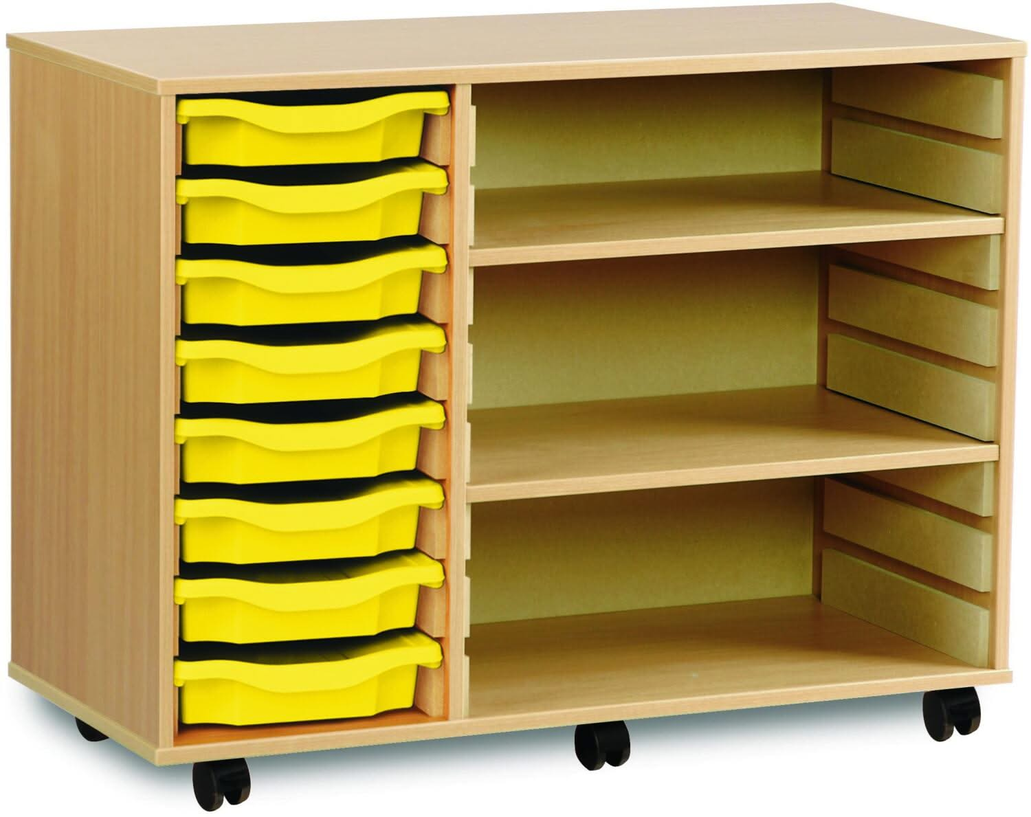 Monarch 8 Shallow Tray Unit with 2 Adjustable Shelves, , Monarch 8 Shallow Tray Unit with 2 Adjustable Shelves,The Monarch 8 Shallow Tray Unit with 2 Adjustable Shelves is a highly practical and versatile storage solution, ideal for schools, colleges, and nurseries. Combining tray and shelf storage, this unit is perfect for organising a variety of classroom materials, including stationery, craftThe Monarch 8 Shallow Tray Unit with 2 Adjustable Shelves is a highly practical and versatile storage solution, id