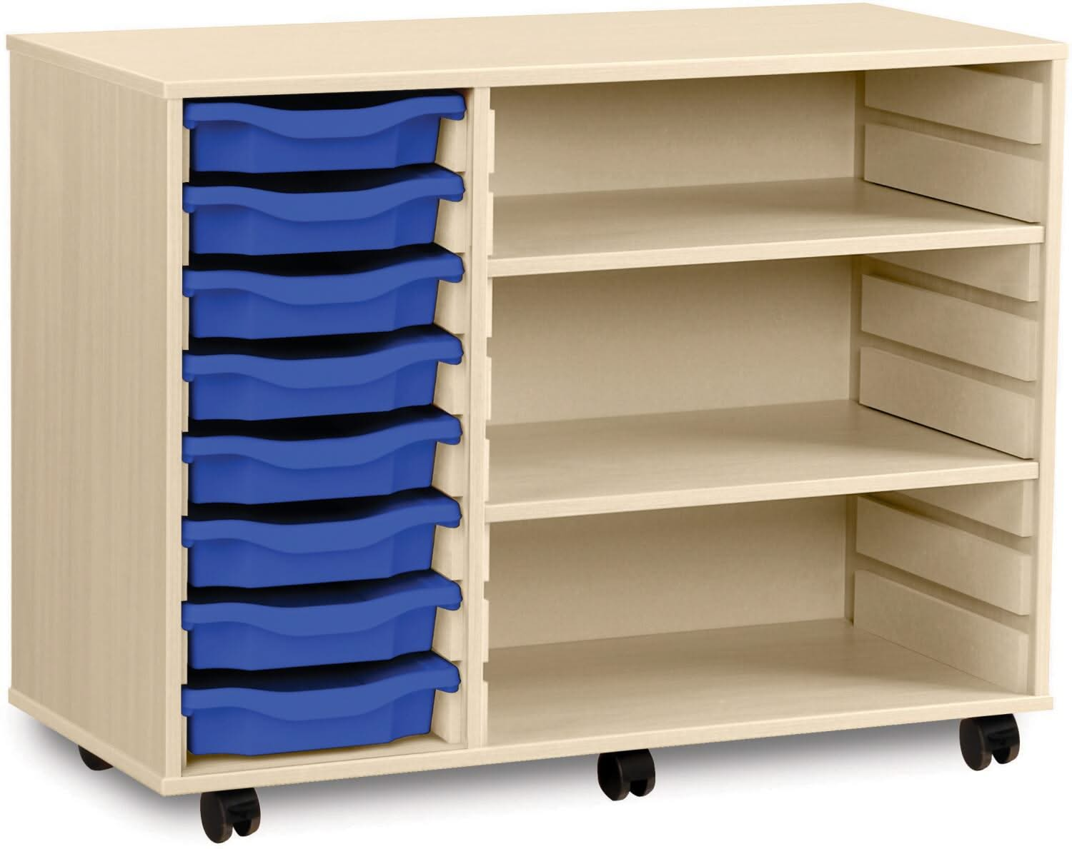 Monarch 8 Shallow Tray Unit with 2 Adjustable Shelves, , Monarch 8 Shallow Tray Unit with 2 Adjustable Shelves,The Monarch 8 Shallow Tray Unit with 2 Adjustable Shelves is a highly practical and versatile storage solution, ideal for schools, colleges, and nurseries. Combining tray and shelf storage, this unit is perfect for organising a variety of classroom materials, including stationery, craftThe Monarch 8 Shallow Tray Unit with 2 Adjustable Shelves is a highly practical and versatile storage solution, id